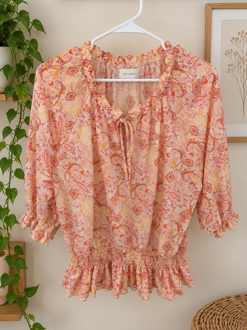 MelloDay Women’s Paisley Ruffle Peasant Blouse Size M Boho Smocked Hem